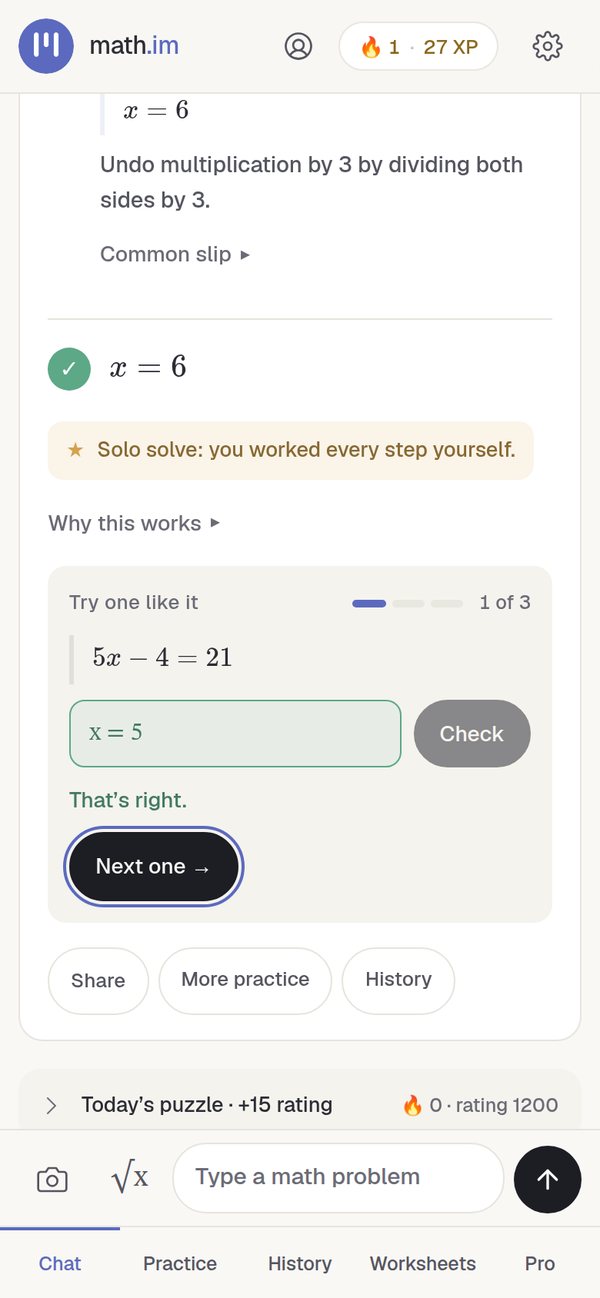 After the solve, a practice problem 5x minus 4 equals 21 answered with x = 5 and marked That’s right.