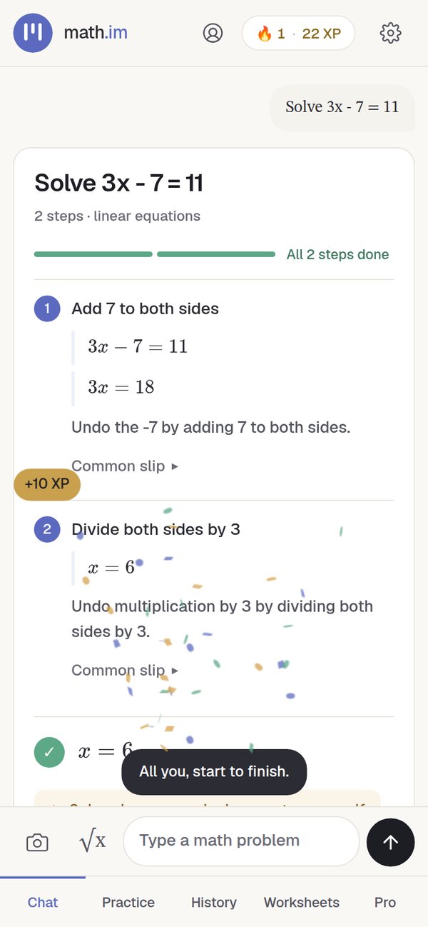 The same solve with both steps done, a gold +10 XP marker and the message All you, start to finish.